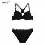 M&M Ladies Sports Swimsuit 2017 New Strappy Bikini Solid Bordered Girl Swimming Suit Push Up Body Suit Underwire Swimwear Women