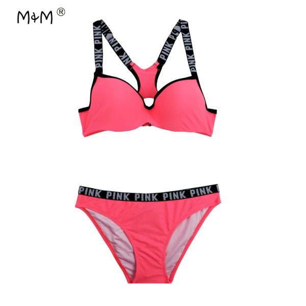 M&M Ladies Sports Swimsuit 2017 New Strappy Bikini Solid Bordered Girl Swimming Suit Push Up Body Suit Underwire Swimwear Women