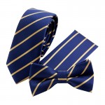 Mantieqingway Gold and Navy Striped Tie Handkerchief Set for Men Suit Polyester Polka Dots Pocket Square Bow Tie Set for Wedding