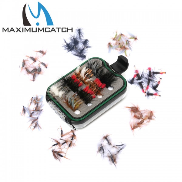 Maximumcatch Fly Fishing Box With 60pcs fly fishing flies hooks  Waterproof plastic double side lanyard