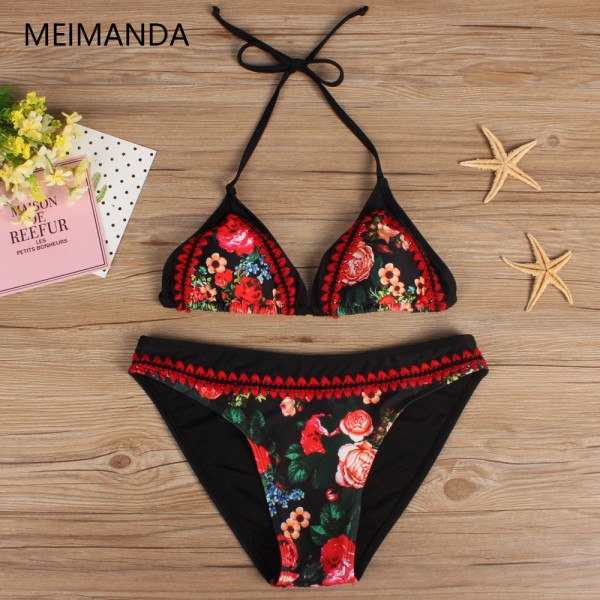 Meimanda 2017 Bathing Suit Women Crochet Bikini Set Swimwear Maillot De Bain Print Vintage Retro Female Sexy swimsuit Bikinis