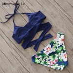 Minimalism Le 2017 New Patchwork Print Bikini Swimwear Women Swimsuit Push Up Sexy Bandage Cross Brazilian Bathing Suit BK704