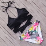 Minimalism Le 2017 New Patchwork Print Bikini Swimwear Women Swimsuit Push Up Sexy Bandage Cross Brazilian Bathing Suit BK704