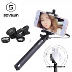 Mirror Extendable Selfie Stick Universal Folding Mobile Phone Monopod + 3in1 180 Degree Fish Eye/0.67X Wide/Macro Phone Lens Kit