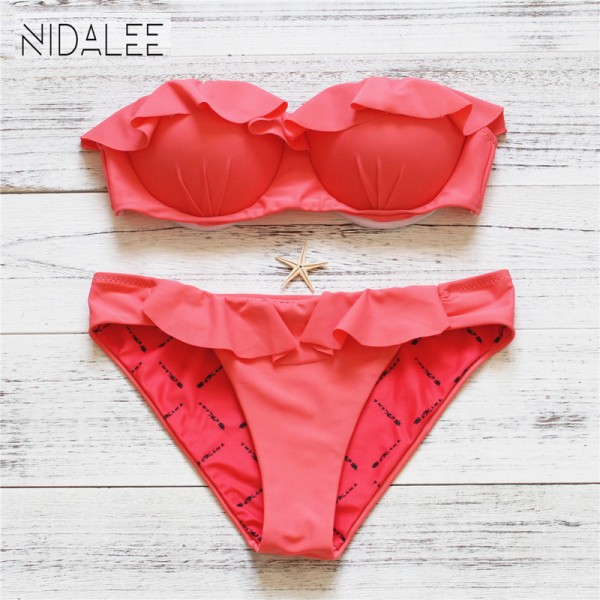 NIDALEE Ruffle Pink Bikini Swimwear Women 2017 Swimsuit Push Up Bikinis Women Bandeau Sexy Biquini Girls Women's Swimsuits 