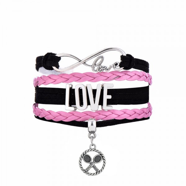 New Arrival Infinity LOVE Connect With Badminton Racket Fitness Circle Charm Black Pink Multi-layer Braided Bracelet Men&Women