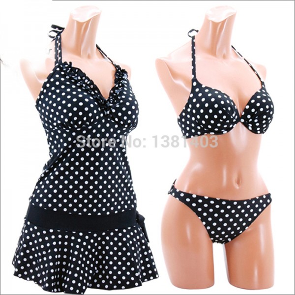 New Backless Halter Neck Strap Polka Dots Bikini Skirt 3 in 1 piece Push Up Swimwear Swimsuit Women Bathing Suit Free shipping