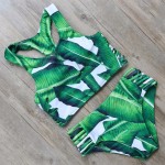 New Green Leaf Printing Bikini Sets 2017 Lady High Neck Vest Swimwear