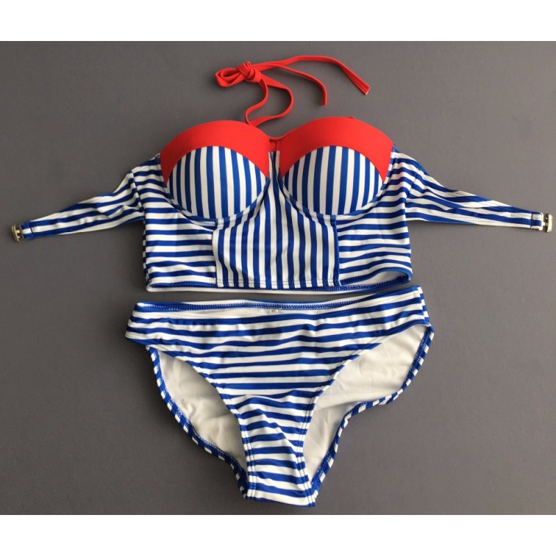 blue white striped bathing suit