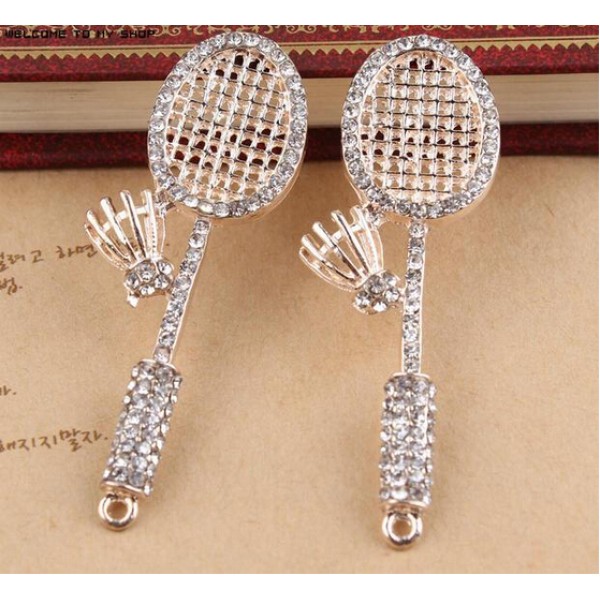 New arrived Rhinestone decoration Alloy gold plated metal Badminton rackets shape jewelry charms diy phone/key chain pendants