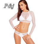 P&j 2017 long sleeve swimwear biquinis mujer  tripod piece mesh type long sleeves sexy thong swimsuit for female 