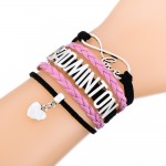 Pink BADMINTON Strand Leather Braided Bracelet with a heart charm