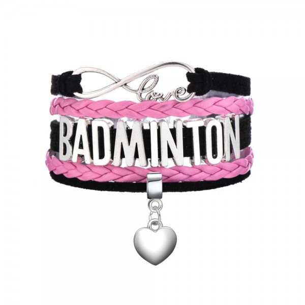 Pink BADMINTON Strand Leather Braided Bracelet with a heart charm