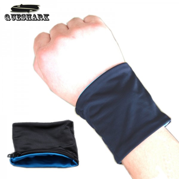 Queshark Double Lycra Reflective Wrist Support Badminton Sweatbands Running Cycling Fitness Zipper Pocket Sports Wristbands