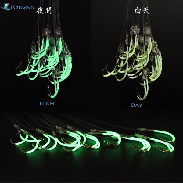 Rompin 2017 New Luminous Fishing hooks Authentic phosphorescent  barbed hook with fishing line