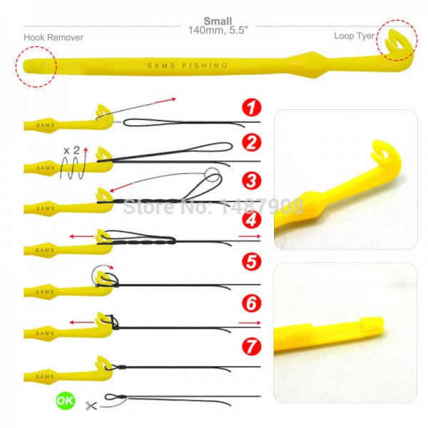 SAMS Easy Hook Loop Tyer & Disgorger Tool Tie Fast Knot Tying Tool for Fly Fishing Hook Tools Line Tier Kit Yellow Plastic 2pcs