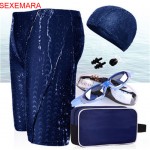 SEXEMARA mens swimming trunk waterproof sharkskin swim shorts swimwear goggle cap hat nose clip earplugs bags swimsuit pants set