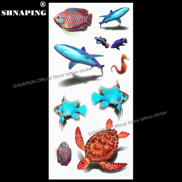 SHNAPIGN 3d Temporary Tattoo Body Art Flash Tattoo Stickers 19*9cm Waterproof Styling Tatoo Home Decor Sticker Turtle Shark Fish