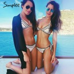 Simplee Sexy embroidery bikini Women padded backless bow bikini swimwear Black summer beachwear geometry set swimsuit