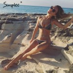 Simplee Sexy embroidery bikini Women padded backless bow bikini swimwear Black summer beachwear geometry set swimsuit