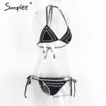 Simplee Sexy embroidery bikini Women padded backless bow bikini swimwear Black summer beachwear geometry set swimsuit