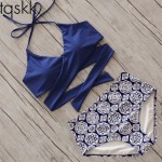 TQSKK 2017 New High Waist Cross Brazilian Bikinis Women Swimsuit Swimwear Fall Floral Cross Criss Bikini Set Halter Bathing Suit