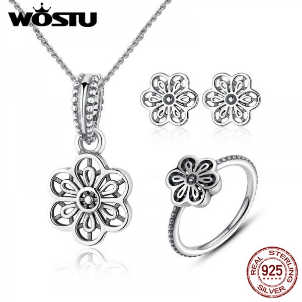 WOSTU Authentic 100% 925 Sterling Silver Openwork Flower Floral Daisy Lace Jewelry Sets For Women & Lady Luxury Jewelry XCS019