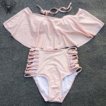 high waist biquini Push Up swimsuit Lace Up bathing suits 2016 Retro biquini cropped Brown biquinis pareo girls swimwear H275