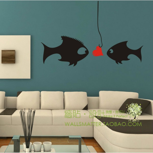 "Cartoon kissing fish" romantic Wedding room bedroom/living room sofa TV background decorative wall stickers,free shipping