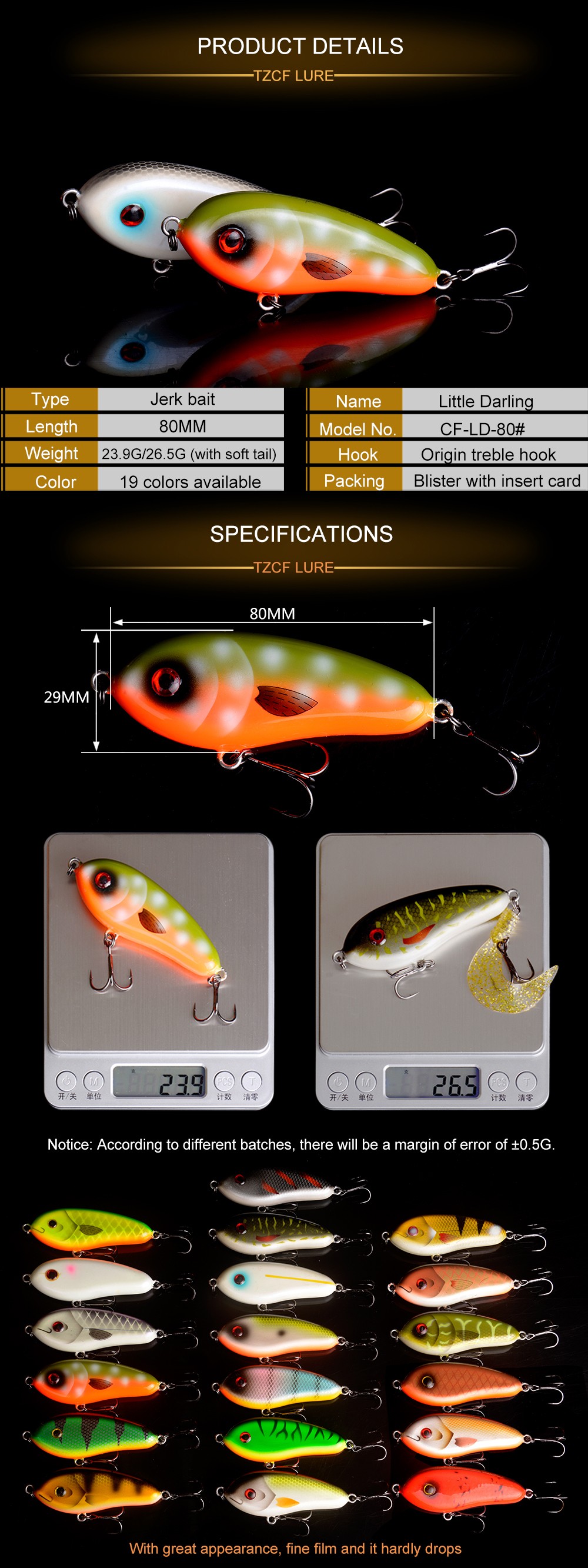 Free-Shipping-Fishing-tackle-wholesale-fishing-lure-Jerk-Bait-LITTLE-DARLING-80mm-265g-With-Soft-tai-32766648227