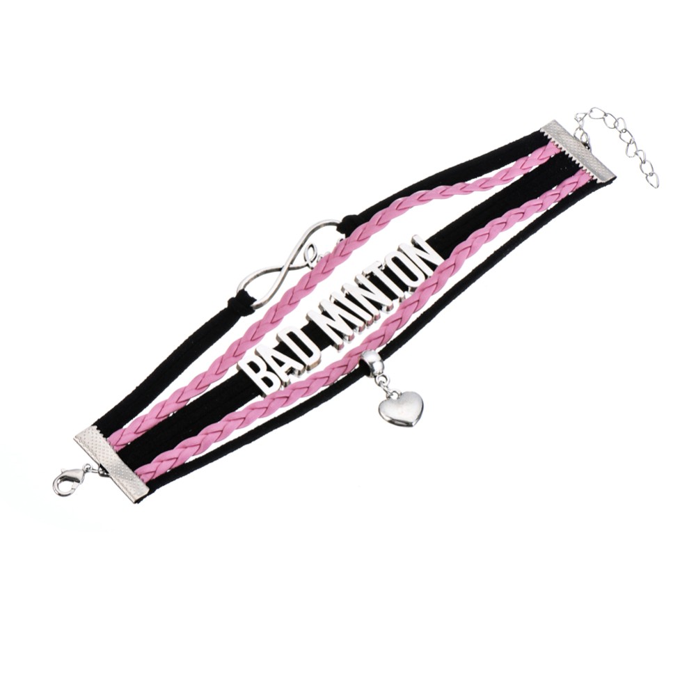 Pink-BADMINTON-Strand-Leather-Braided-Bracelet-with-a-heart-charm-32668929193