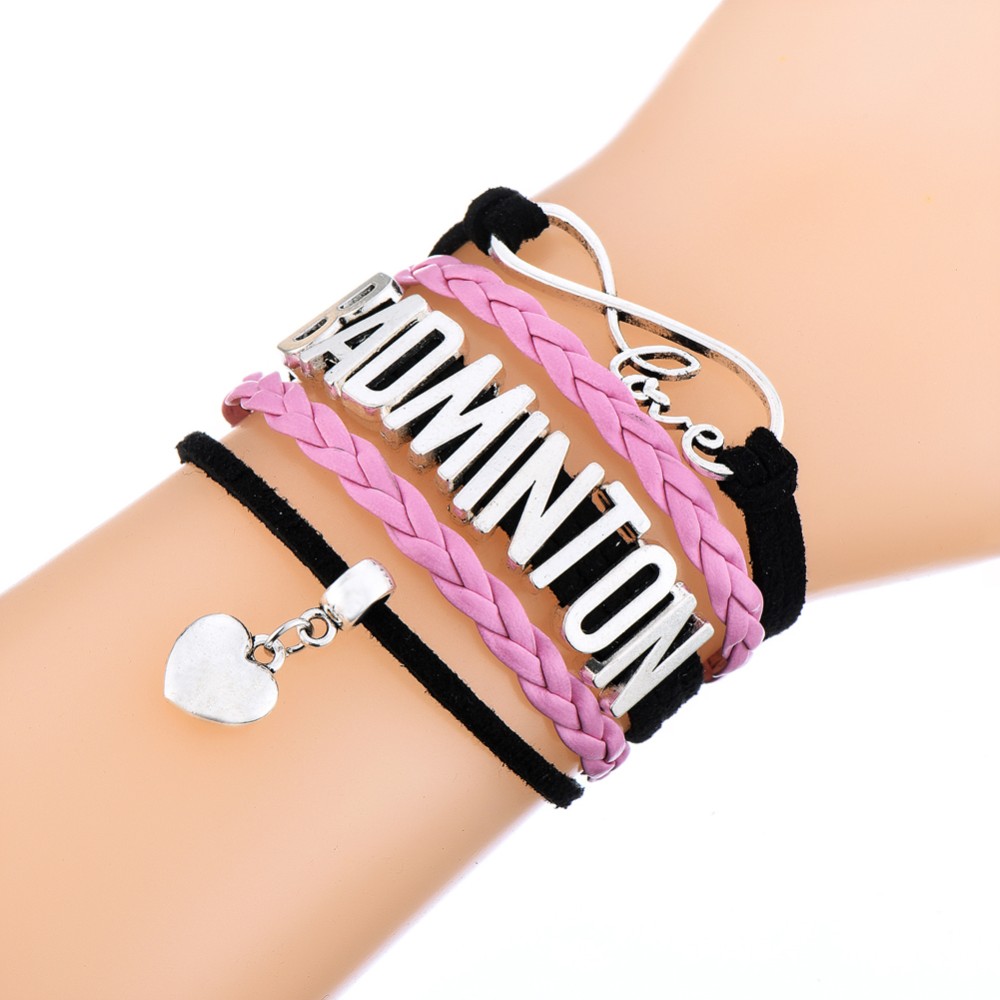 Pink-BADMINTON-Strand-Leather-Braided-Bracelet-with-a-heart-charm-32668929193